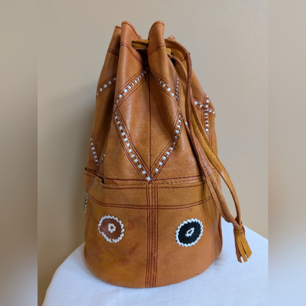 Moroccan Handmade Genuine Leather Bucket Bag Boho Orange Brown Drawstring
